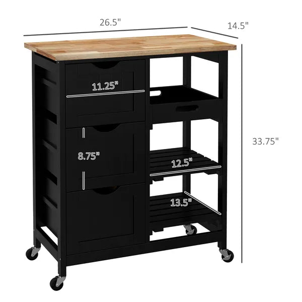 HOMCOM Kitchen Island on Wheels, Black, with Wood Top, Shelves and Drawers - product image 3