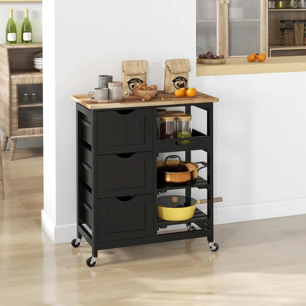 HOMCOM Kitchen Island on Wheels, Black, with Wood Top, Shelves and Drawers - product image 2