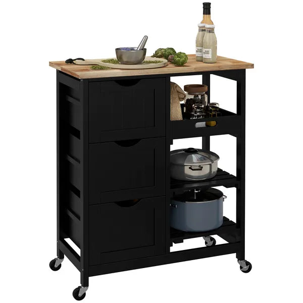 HOMCOM Kitchen Island on Wheels, Black, with Wood Top, Shelves and Drawers - product image 11