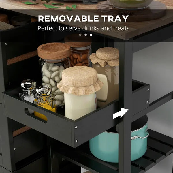 HOMCOM Kitchen Island on Wheels, Black, with Wood Top, Shelves and Drawers - product image 5