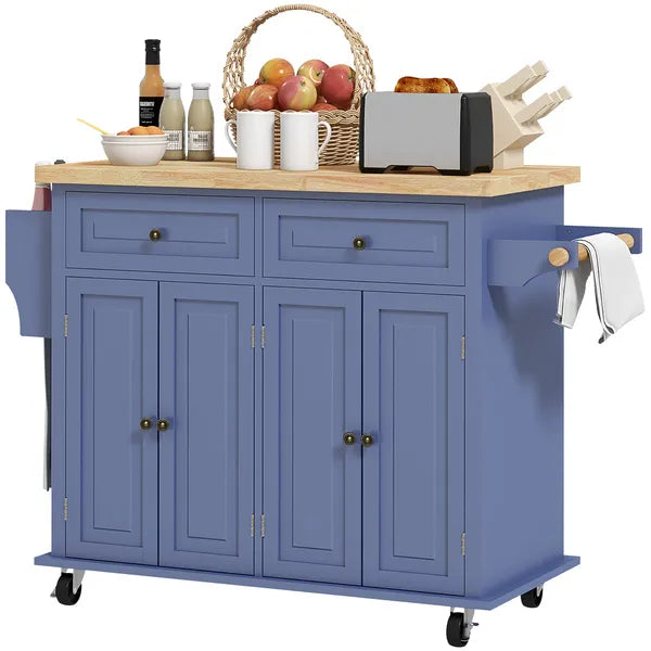 HOMCOM Kitchen Island on Wheels, Rolling Cart with Rubberwood Top, Spice Rack, Towel Rack and Drawers, Navy Blue - product image 1
