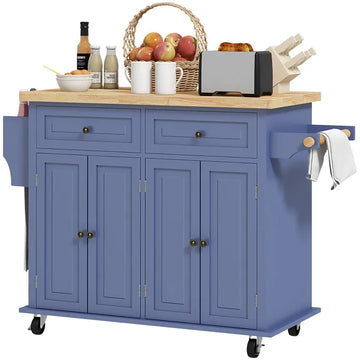 HOMCOM Kitchen Island on Wheels, Rolling Cart with Rubberwood Top, Spice Rack, Towel Rack and Drawers, Navy Blue - product image 1
