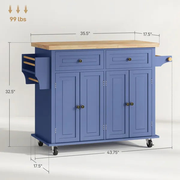 HOMCOM Kitchen Island on Wheels, Rolling Cart with Rubberwood Top, Spice Rack, Towel Rack and Drawers, Navy Blue - product image 3