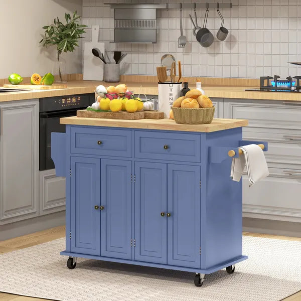 HOMCOM Kitchen Island on Wheels, Rolling Cart with Rubberwood Top, Spice Rack, Towel Rack and Drawers, Navy Blue - product image 2