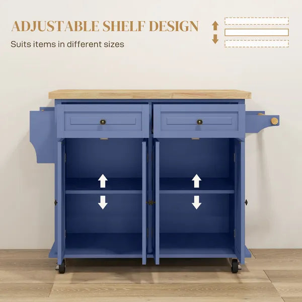 HOMCOM Kitchen Island on Wheels, Rolling Cart with Rubberwood Top, Spice Rack, Towel Rack and Drawers, Navy Blue - product image 5