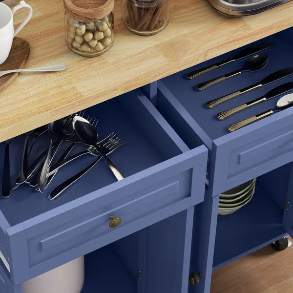 HOMCOM Kitchen Island on Wheels, Rolling Cart with Rubberwood Top, Spice Rack, Towel Rack and Drawers, Navy Blue - product image 9