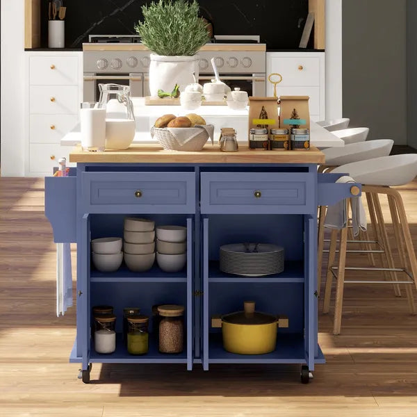 HOMCOM Kitchen Island on Wheels, Rolling Cart with Rubberwood Top, Spice Rack, Towel Rack and Drawers, Navy Blue - product image 8