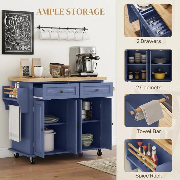 HOMCOM Kitchen Island on Wheels, Rolling Cart with Rubberwood Top, Spice Rack, Towel Rack and Drawers, Navy Blue - product image 6