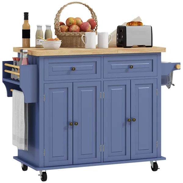 HOMCOM Kitchen Island on Wheels, Rolling Cart with Rubberwood Top, Spice Rack, Towel Rack and Drawers, Navy Blue - product image 11