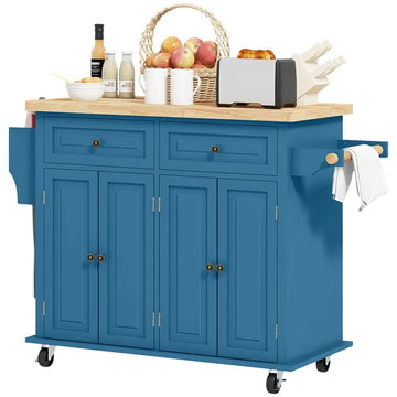 HOMCOM Kitchen Island on Wheels, Rolling Cart with Rubberwood Top, Spice Rack, Towel Rack and Drawers, Turquoise - product image 1