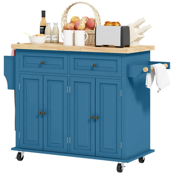 HOMCOM Kitchen Island on Wheels, Rolling Cart with Rubberwood Top, Spice Rack, Towel Rack and Drawers, Turquoise - product image 1