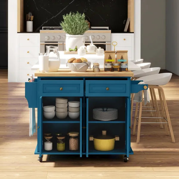 HOMCOM Kitchen Island on Wheels, Rolling Cart with Rubberwood Top, Spice Rack, Towel Rack and Drawers, Turquoise - product image 8