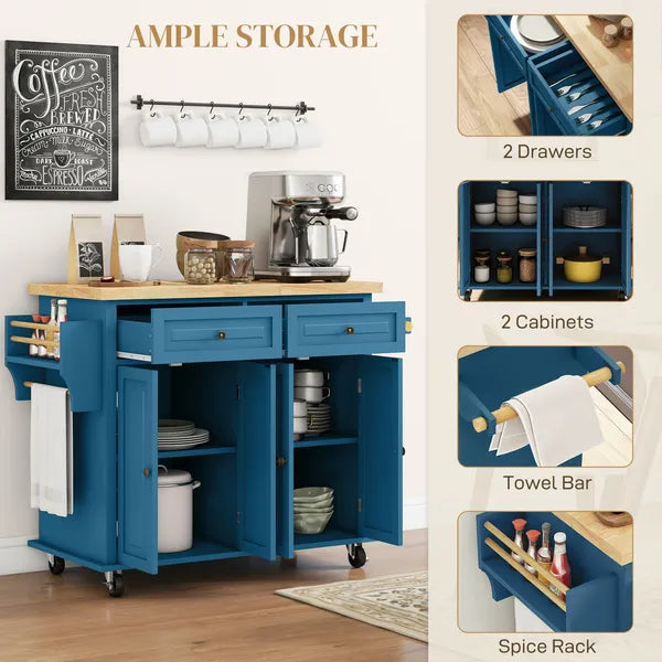 HOMCOM Kitchen Island on Wheels, Rolling Cart with Rubberwood Top, Spice Rack, Towel Rack and Drawers, Turquoise - product image 6