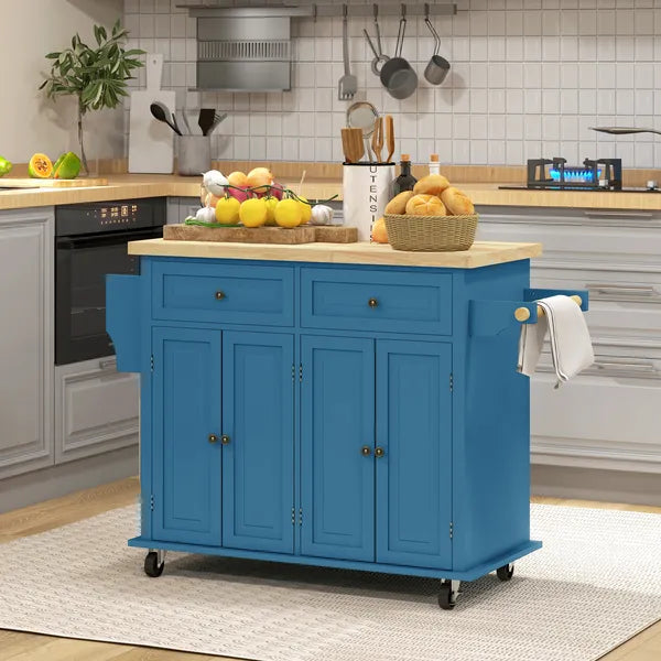 HOMCOM Kitchen Island on Wheels, Rolling Cart with Rubberwood Top, Spice Rack, Towel Rack and Drawers, Turquoise - product image 2