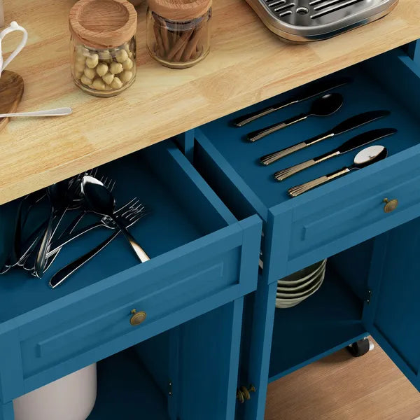 HOMCOM Kitchen Island on Wheels, Rolling Cart with Rubberwood Top, Spice Rack, Towel Rack and Drawers, Turquoise - product image 9
