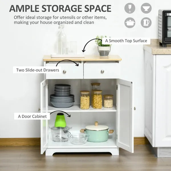 Kitchen Storage Cabinet, Sideboard Floor Cupboard with Solid Wood Top, Adjustable Shelf and 2 Drawers for Living Room, Hallway, White - product image 4