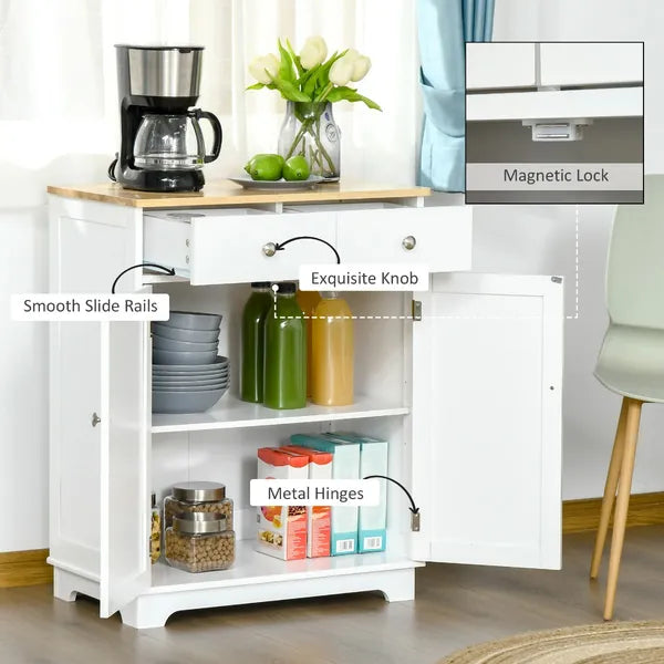 Kitchen Storage Cabinet, Sideboard Floor Cupboard with Solid Wood Top, Adjustable Shelf and 2 Drawers for Living Room, Hallway, White - product image 7