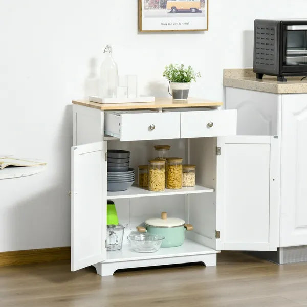 Kitchen Storage Cabinet, Sideboard Floor Cupboard with Solid Wood Top, Adjustable Shelf and 2 Drawers for Living Room, Hallway, White - product image 8
