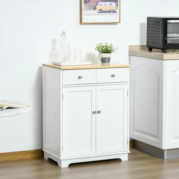 Kitchen Storage Cabinet, Sideboard Floor Cupboard with Solid Wood Top, Adjustable Shelf and 2 Drawers for Living Room, Hallway, White - product image 2