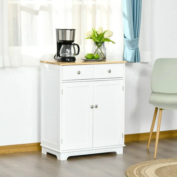Kitchen Storage Cabinet, Sideboard Floor Cupboard with Solid Wood Top, Adjustable Shelf and 2 Drawers for Living Room, Hallway, White - product image 9