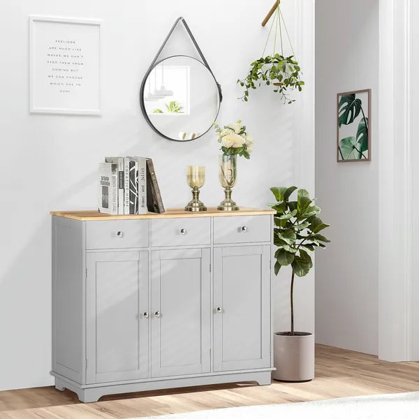Kitchen Storage Cabinet, Sideboard Floor Cupboard with Solid Wood Top, Adjustable Shelf, and 3 Drawers, Gray - product image 2