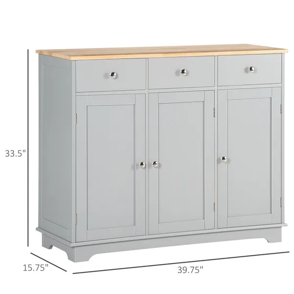 Kitchen Storage Cabinet, Sideboard Floor Cupboard with Solid Wood Top, Adjustable Shelf, and 3 Drawers, Gray - product image 3