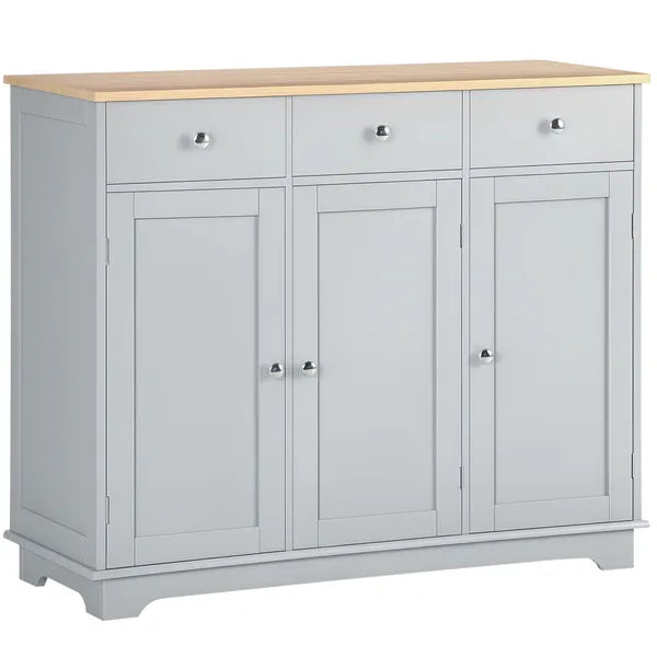 Kitchen Storage Cabinet, Sideboard Floor Cupboard with Solid Wood Top, Adjustable Shelf, and 3 Drawers, Gray - product image 1