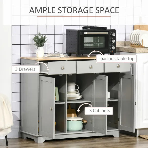 Kitchen Storage Cabinet, Sideboard Floor Cupboard with Solid Wood Top, Adjustable Shelf, and 3 Drawers, Gray - product image 4