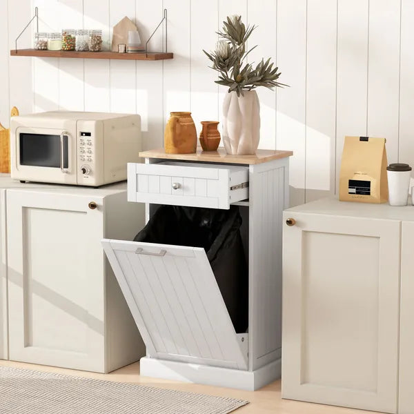 HOMCOM Kitchen Tilt Out Trash Bin Cabinet, White, Free Standing Recycling Can Holder with Drawer - product image 2