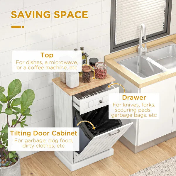 HOMCOM Kitchen Tilt Out Trash Bin Cabinet, White, Free Standing Recycling Can Holder with Drawer - product image 5