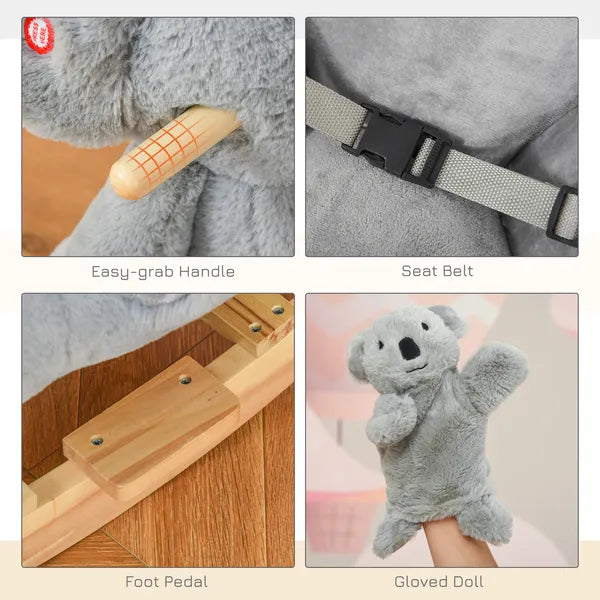 Qaba Koala Animal Rocking Horse Plush Toy, Gray for Toddlers 18-36 Months with Gloved Doll and Realistic Sounds - product image 4