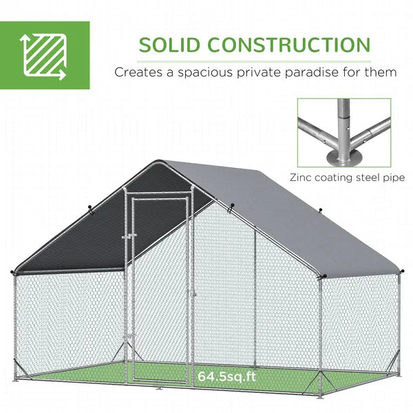 Large Metal Chicken Coop Walk-in Poultry Cage with Cover Lockable Door Outdoor Galvanized Silver - product image 6