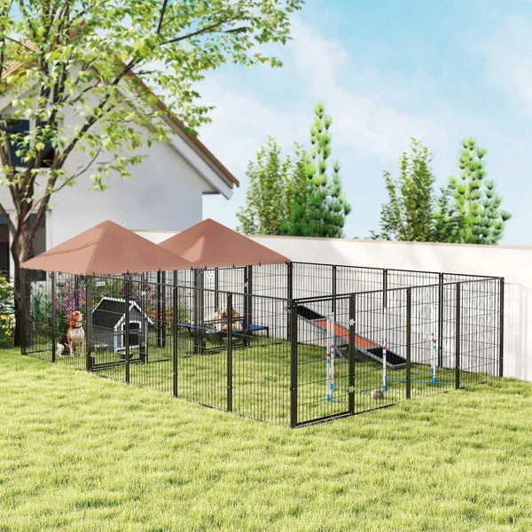 PawHut Large Outdoor Dog Kennel with 2 Rooms, Rotating and Adjustable Height Bowls, 13.5' x 9.4' x 5.1' - product image 2