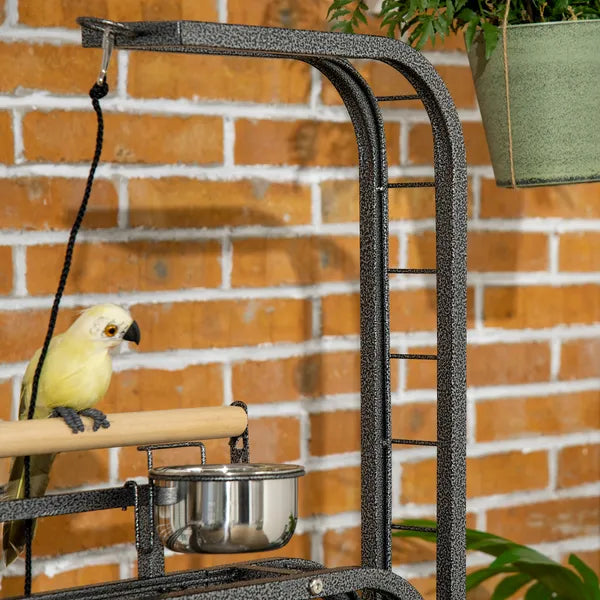 PawHut Large Parrot Stand Bird Perch with Toy Hook 3 Ladders Wooden Gray - product image 9