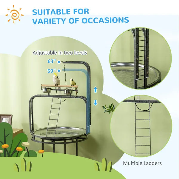 PawHut Large Parrot Stand Bird Perch with Toy Hook 3 Ladders Wooden Gray - product image 7