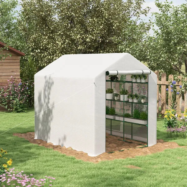 Outsunny Large Walk-in Greenhouse: White with Shelving, PE Cover and Roll-Up Door for Garden and Outdoor Use - product image 2