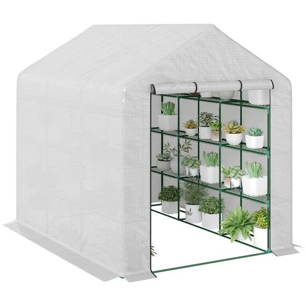 Outsunny Large Walk-in Greenhouse: White with Shelving, PE Cover and Roll-Up Door for Garden and Outdoor Use - product image 11