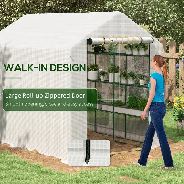 Outsunny Large Walk-in Greenhouse: White with Shelving, PE Cover and Roll-Up Door for Garden and Outdoor Use - product image 5