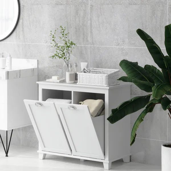HOMCOM Laundry Organizer Freestanding Bathroom Cabinet 2 Tilt Out Hamper White - product image 7