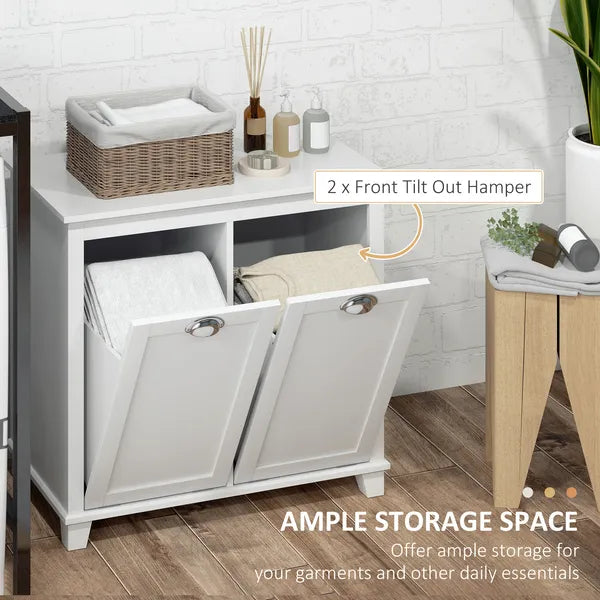 HOMCOM Laundry Organizer Freestanding Bathroom Cabinet 2 Tilt Out Hamper White - product image 4