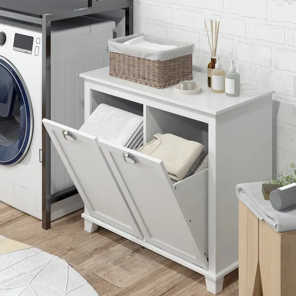 HOMCOM Laundry Organizer Freestanding Bathroom Cabinet 2 Tilt Out Hamper White - product image 10
