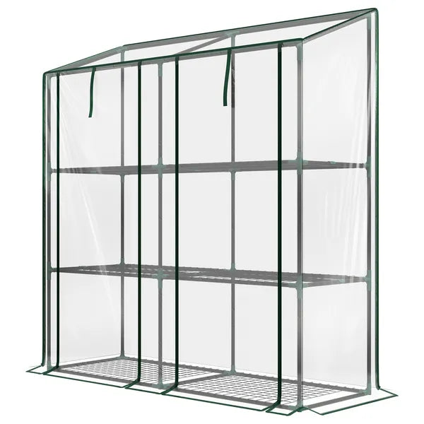 Outsunny Lean-to Greenhouse, Portable Greenhouse with 3 Tier Shelves, 2 Roll-Up Zippered Doors, 56.3" x 18.1" x 59.4", Clear - product image 1