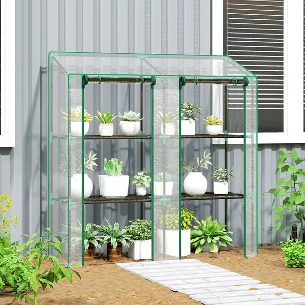 Outsunny Lean-to Greenhouse, Portable Greenhouse with 3 Tier Shelves, 2 Roll-Up Zippered Doors, 56.3" x 18.1" x 59.4", Clear - product image 9