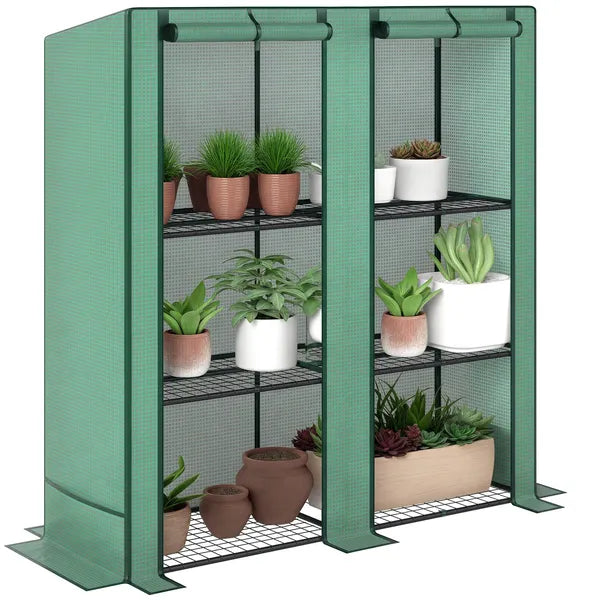 Outsunny Lean-to Greenhouse with 3 Tier Shelves, Portable Greenhouse with PE Cover, 2 Roll-Up Doors, 56.7" x 18.9" x 59.8", Green - product image 11