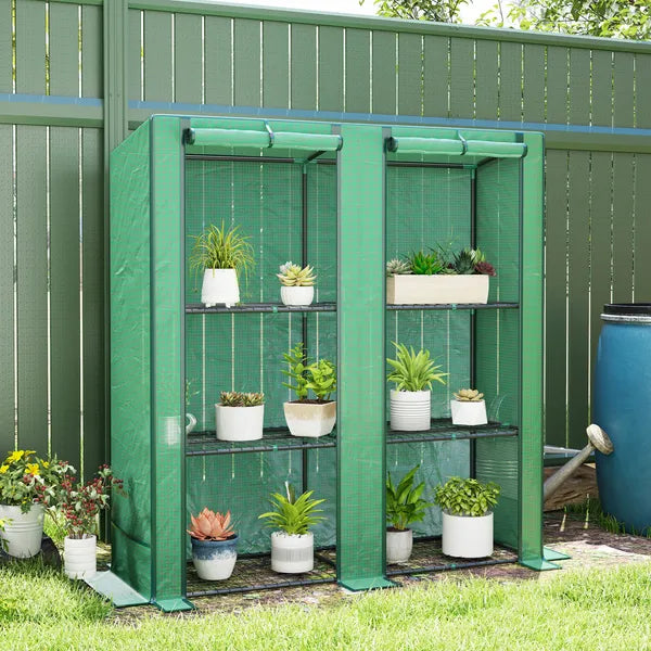 Outsunny Lean-to Greenhouse with 3 Tier Shelves, Portable Greenhouse with PE Cover, 2 Roll-Up Doors, 56.7" x 18.9" x 59.8", Green - product image 10