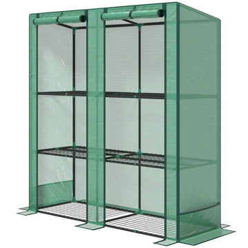 Outsunny Lean-to Greenhouse with 3 Tier Shelves, Portable Greenhouse with PE Cover, 2 Roll-Up Doors, 56.7" x 18.9" x 59.8", Green - product image 1