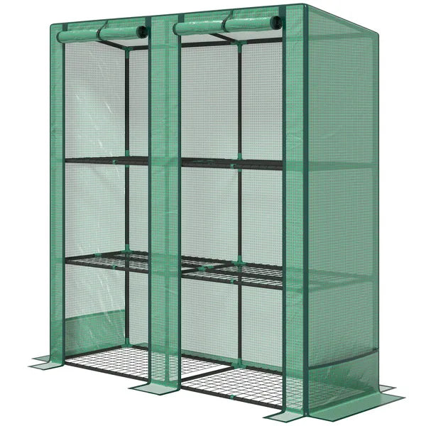 Outsunny Lean-to Greenhouse with 3 Tier Shelves, Portable Greenhouse with PE Cover, 2 Roll-Up Doors, 56.7" x 18.9" x 59.8", Green - product image 1