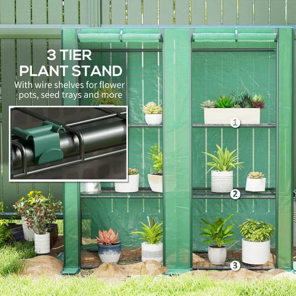 Outsunny Lean-to Greenhouse with 3 Tier Shelves, Portable Greenhouse with PE Cover, 2 Roll-Up Doors, 56.7" x 18.9" x 59.8", Green - product image 5