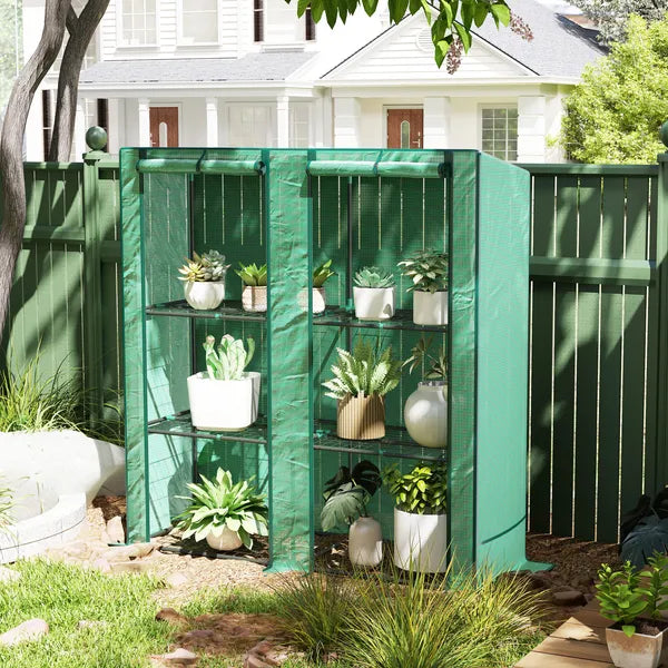 Outsunny Lean-to Greenhouse with 3 Tier Shelves, Portable Greenhouse with PE Cover, 2 Roll-Up Doors, 56.7" x 18.9" x 59.8", Green - product image 2