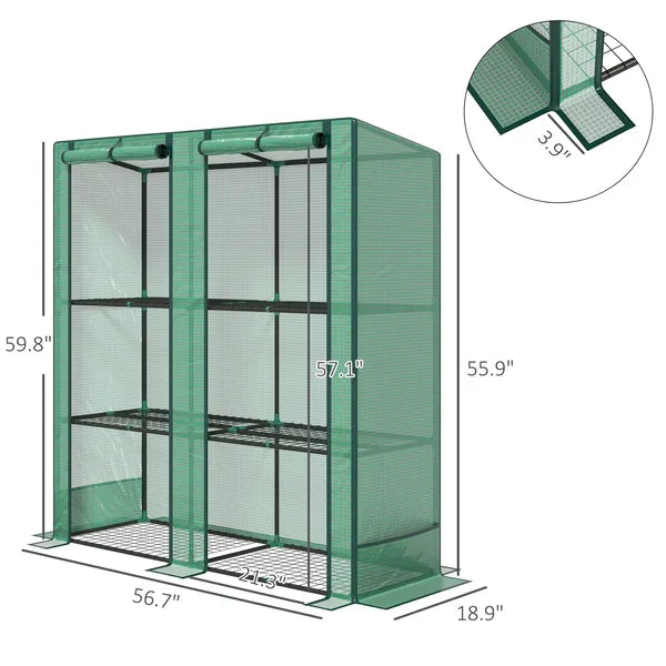 Outsunny Lean-to Greenhouse with 3 Tier Shelves, Portable Greenhouse with PE Cover, 2 Roll-Up Doors, 56.7" x 18.9" x 59.8", Green - product image 3